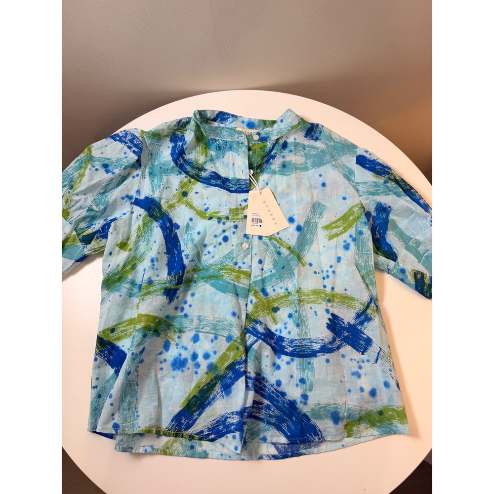 Stark X Large Light Blue Abstract Brushstroke Women's Blouse with puff sleeves